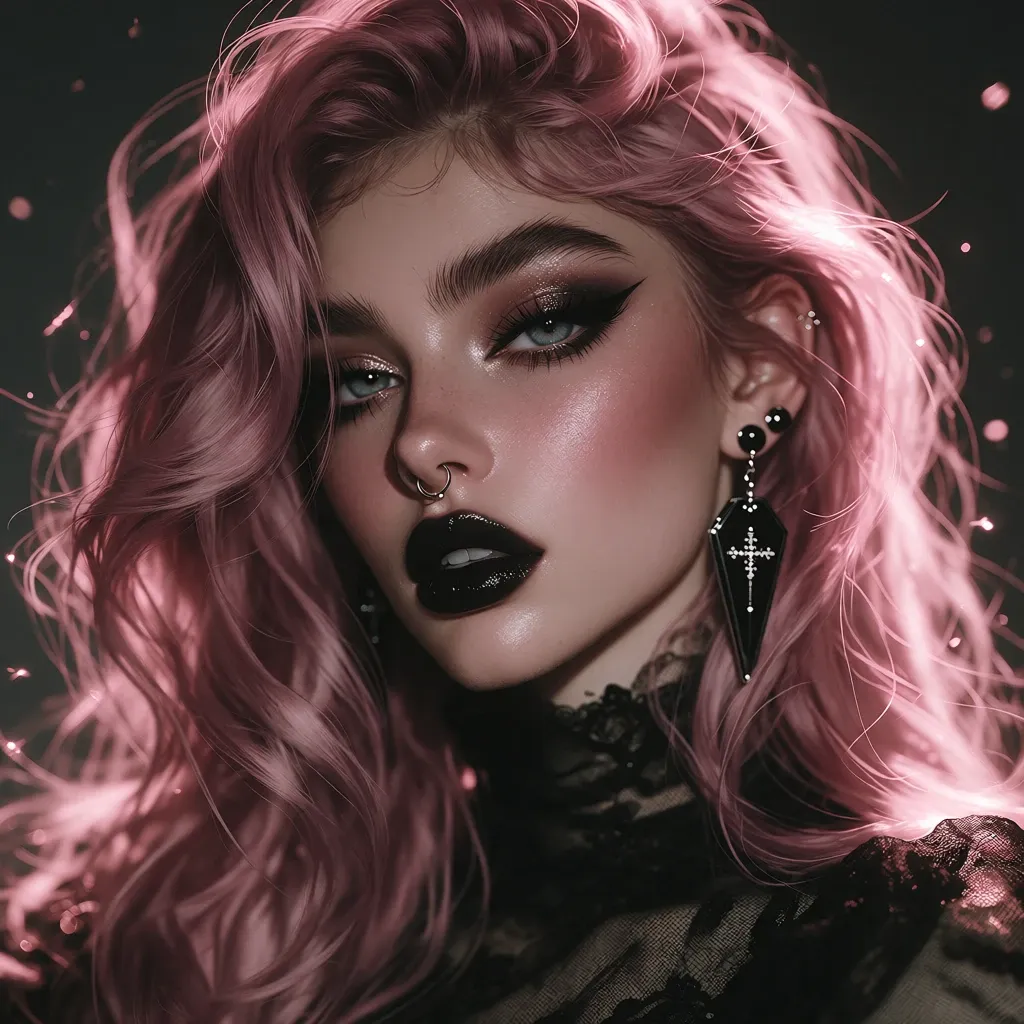 Mandi's avatar, a gothic portrait with long pink hair, black lipstick and coffin earrings.